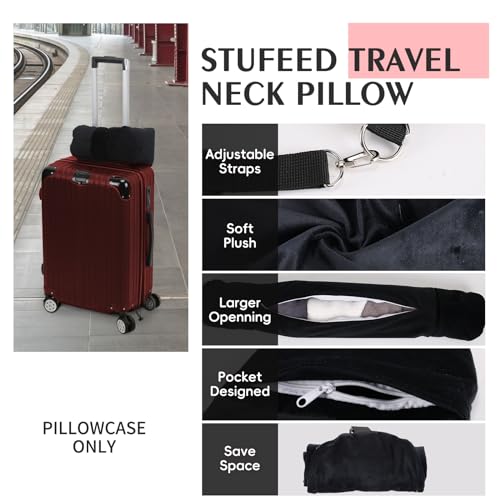 Stuffable Neck Pillow for Travel, Packable Neck Pillow (Black) | Velvet cover, Stuff with clothes to save luggage space, No extra baggage fees, Fits 5+ days travel essentials, Zipper closure