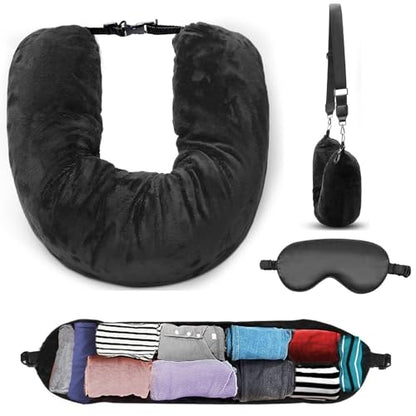 Stuffable Neck Pillow Travel Storage Bag for Airplanes with Clothes, No Extra Baggage Fees, Fits 3+ Days of Travel Essentials, No Filler (Black)