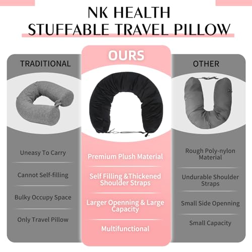 Stuffable Neck Pillow for Travel, Packable Neck Pillow (Black) | Velvet cover, Stuff with clothes to save luggage space, No extra baggage fees, Fits 5+ days travel essentials, Zipper closure