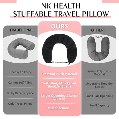 Stuffable Neck Pillow for Travel, Packable Neck Pillow (Black) | Velvet cover, Stuff with clothes to save luggage space, No extra baggage fees, Fits 5+ days travel essentials, Zipper closure