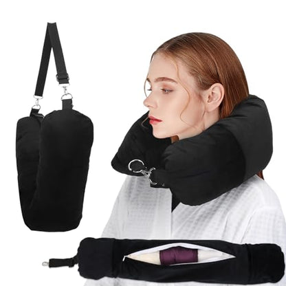Stuffable Neck Pillow for Travel, Packable Neck Pillow (Black) | Velvet cover, Stuff with clothes to save luggage space, No extra baggage fees, Fits 5+ days travel essentials, Zipper closure
