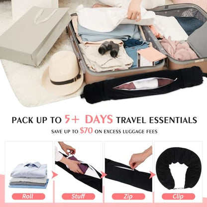 Stuffable Neck Pillow for Travel, Packable Neck Pillow (Black) | Velvet cover, Stuff with clothes to save luggage space, No extra baggage fees, Fits 5+ days travel essentials, Zipper closure