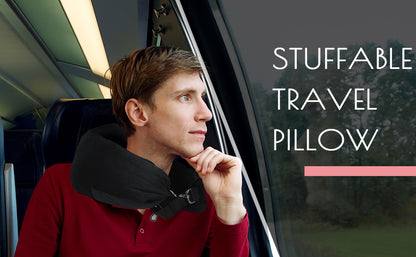 Stuffable Neck Pillow for Travel, Packable Neck Pillow (Black) | Velvet cover, Stuff with clothes to save luggage space, No extra baggage fees, Fits 5+ days travel essentials, Zipper closure