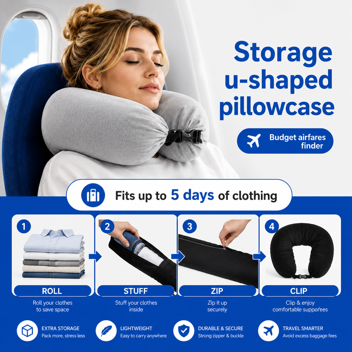 Adjustable U-Shaped Travel Pillow with Storage