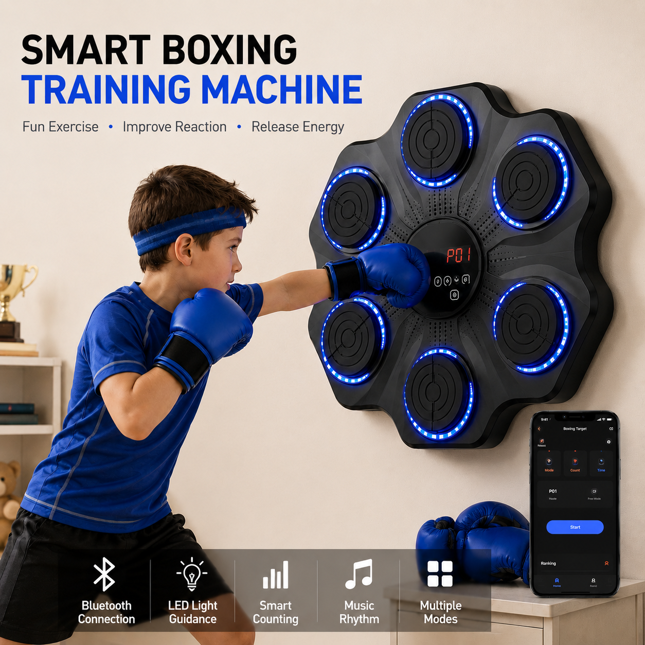 Kids Smart Boxing Training Machine With LED Lights & Music