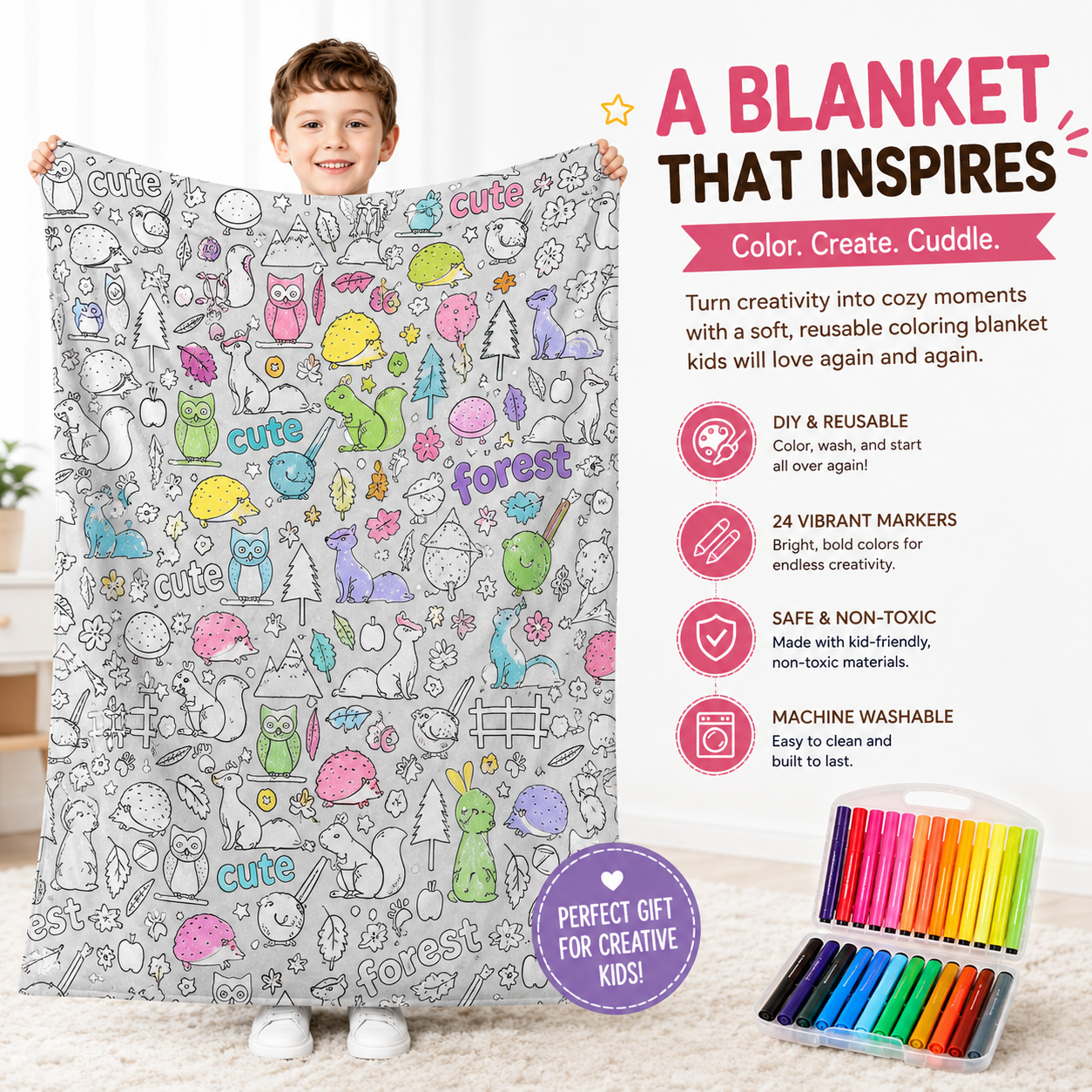 Creative Coloring Blanket with Washable Markers
